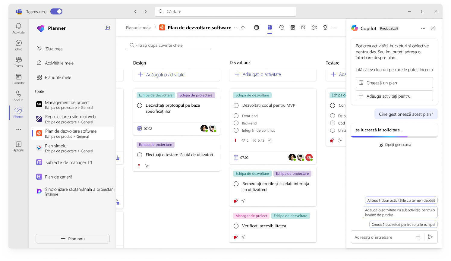 Captura de ecran afișează interfața de utilizator Copilot în Planner, urmărind progresul.