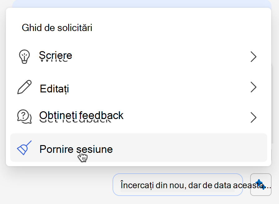 Captura de ecran arată cum să goliți memoria Copilot din meniul cu scântei.