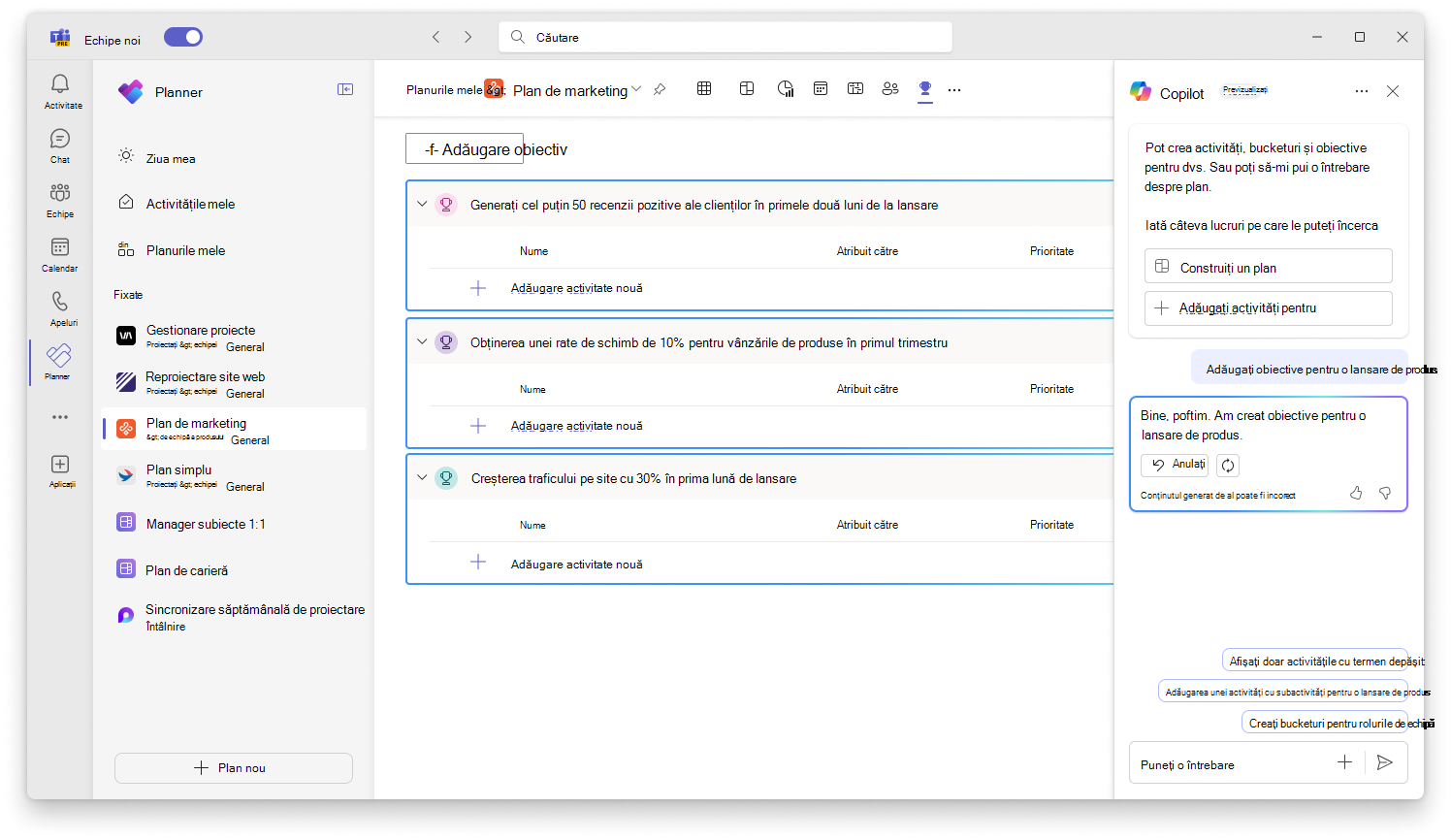 Captura de ecran afișează interfața de utilizator Copilot în Planner, creând obiective.