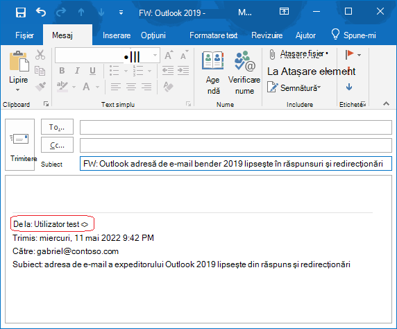 În corpul mesajului de e-mail, adresa de e-mail a expeditorului mesajului inițial lipsește