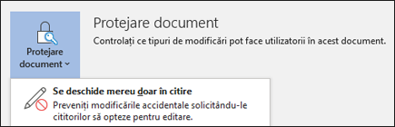 Controlul Protejare document a fost selectat, afișând opțiunea Se deschide mereu doar în citire.