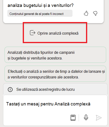 Captură de ecran afișând butonul pentru a opri analiza complexă, evidențiat cu o casetă