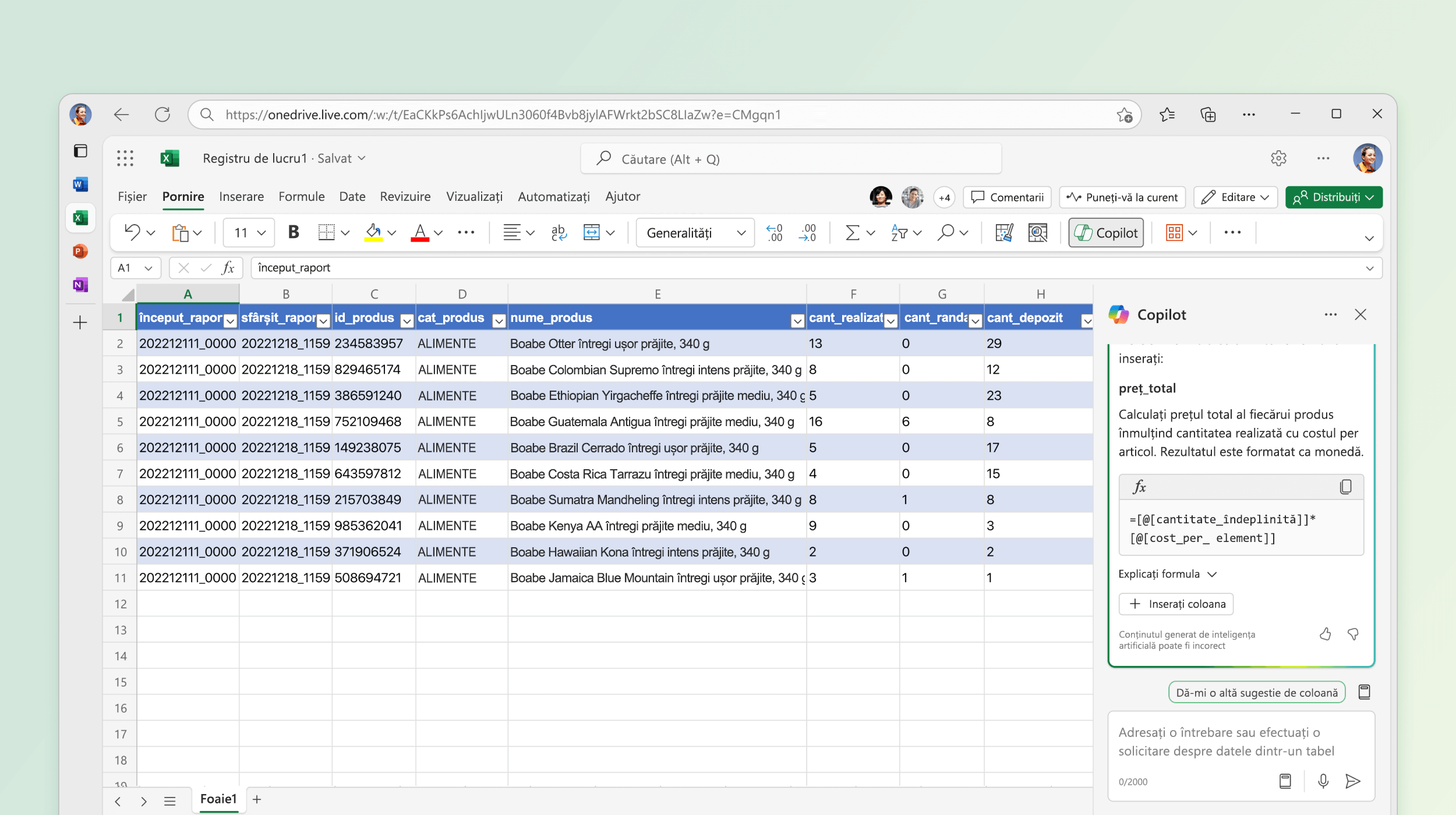 Captura de ecran arată Copilot în Excel, sugerând o formulă pentru calcul.