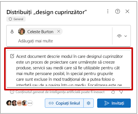 Afișează caseta pe care o vedeți în Word atunci când distribuiți un document. În casetă se afișează un rezumat.