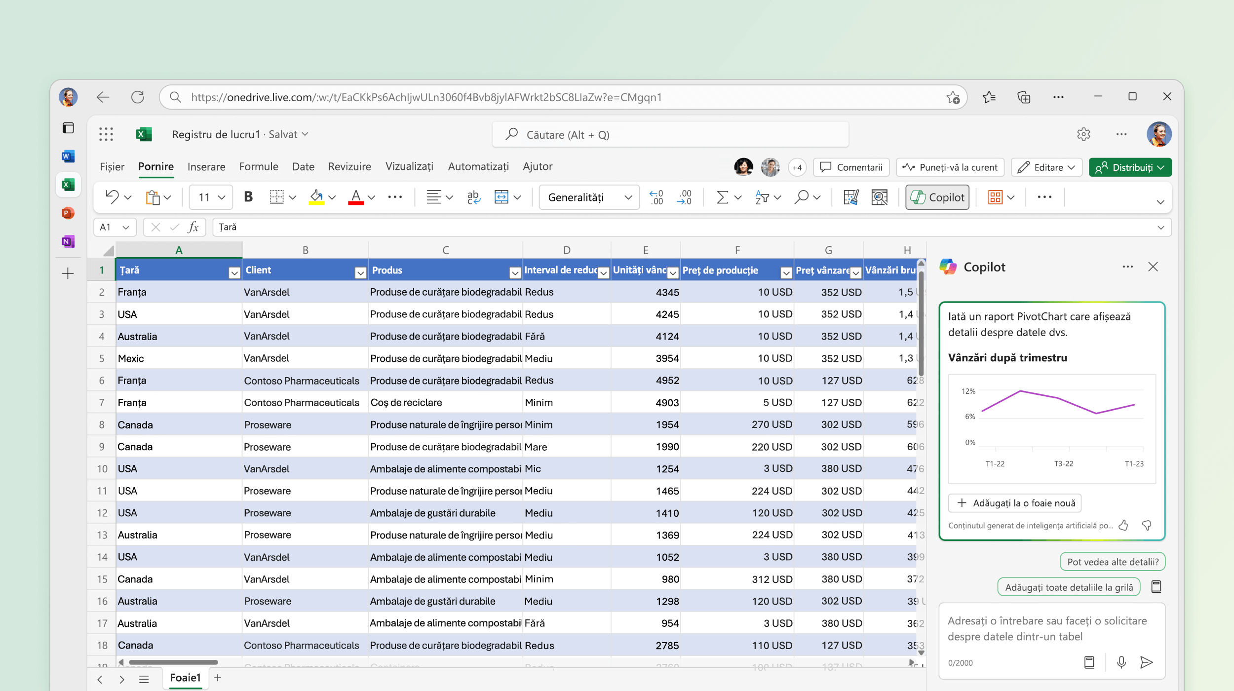 Captura de ecran arată Copilot în Excel, identificând detaliile din datele existente.