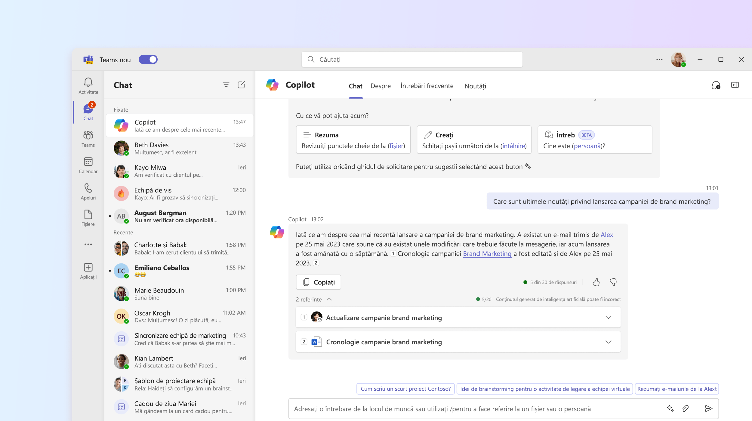 Captura de ecran afișează aplicația Microsoft 365 Copilot în Teams.