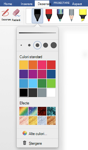 Opțiuni pentru culoare și grosime pentru un stilou din galeria de stilouri Office din fila Desenare