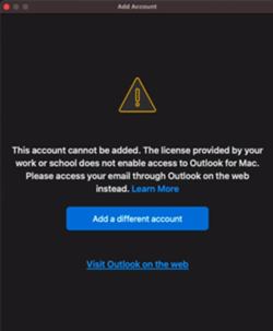 Новая рабочая или учебная учетная запись с ошибками Outlook для Mac