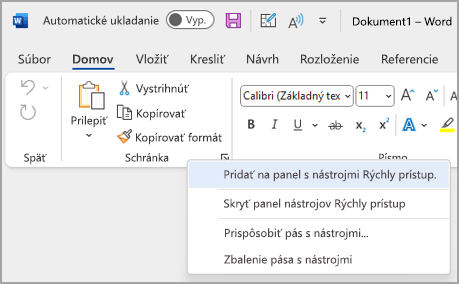 Obrázok rozbaľovacieho zoznamu prispôsobenia panela s nástrojmi Rýchly prístup na pridanie príkazov