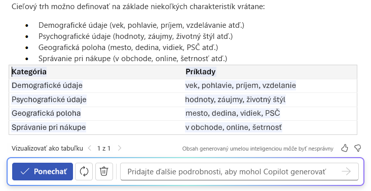 Snímka obrazovky Copilota vo Worde zobrazujúca funkciu prevodu textu na tabuľku