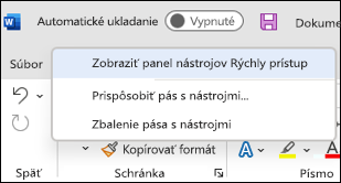 Obrázok možnosti na zobrazenie panela s nástrojmi Rýchly prístup