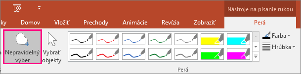 Zobrazuje tlačidlo Laso v časti Nástroje na písanie rukou