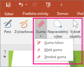 Zobrazuje tlačidlo Guma v časti Nástroje na písanie rukou v balíku Office