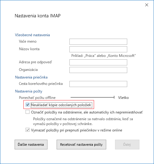 Nastavenia konta IMAP, Neukladať kópie odoslaných položiek