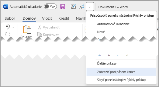 Rozbaľovacia ponuka Panel s nástrojmi Rýchly prístup - Zobraziť nad panelom s nástrojmi