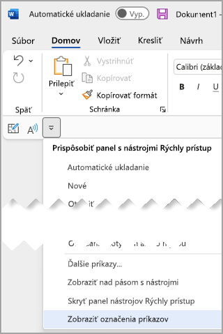 Rozbaľovacia ponuka Panel s nástrojmi Rýchly prístup vyberte položku Zobraziť označenia príkazov