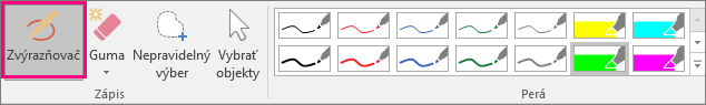 Zobrazuje tlačidlo Zvýrazňovač v časti Nástroje na písanie rukou