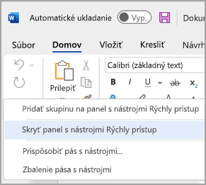 Obrázok možnosti na skrytie panela s nástrojmi Rýchly prístup