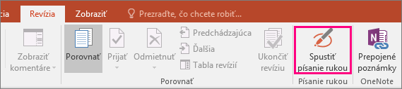 Zobrazuje tlačidlo Spustiť písanie rukou na karte Revízia v Office