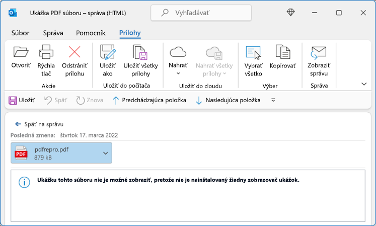 Chyba v PDF súbore pri pokuse o zobrazenie v Outlooku
