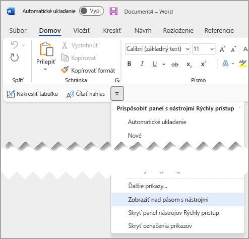 Rozbaľovacia ponuka Rýchly prístup - Zobraziť nad pásom s nástrojmi