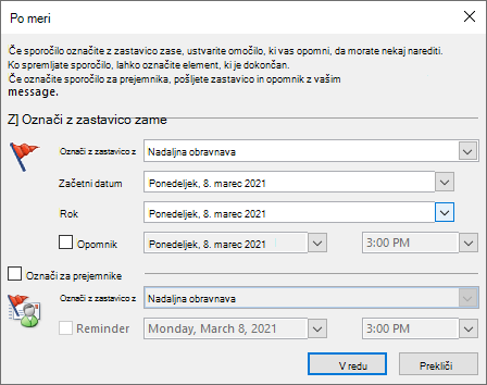 Outlook okno za nastavitev zastavice po meri