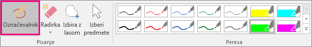 Prikazuje gumb »Označevalnik« v orodjih za rokopis