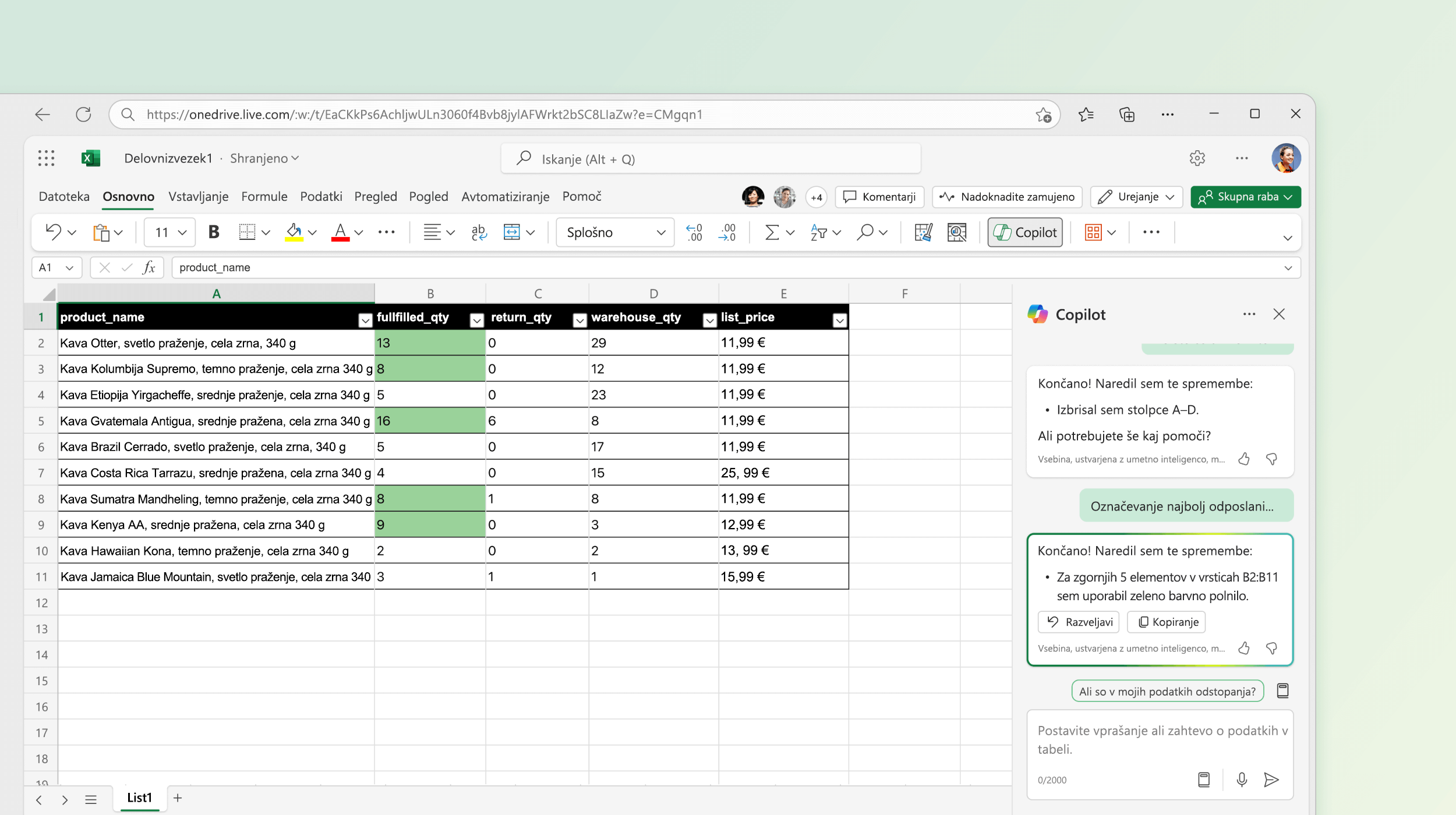 Posnetek zaslona prikazuje Copilota v Excelu, ki spreminja obstoječe podatke.