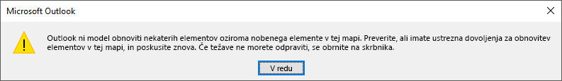 Napaka pri obnovitvi izbrisanih elementov