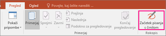 Prikazuje gumb »Začni pisati s črnilom« na zavihku »Pregled« v Officeu