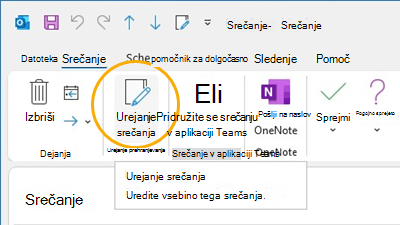 Gumb za urejanje srečanja Prilagoditev traku v Outlooku
