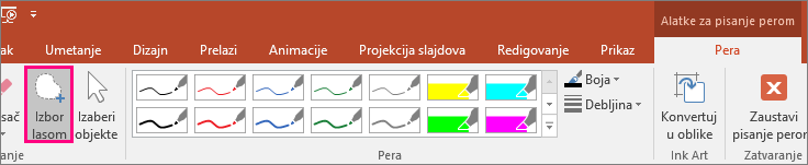 Prikazuje dugme „Izbor lasom“ u okviru „Alatke za pisanje perom“