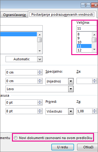 Kartica „Postavljanje podrazumevanih vrednosti“ u dijalogu „Upravljanje stilovima“