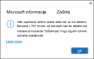 Greška U PDF-u za zaštitu Microsoft informacija nije dozvoljena