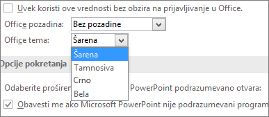 Prikazuje opcije za Office teme u programu PowerPoint 2016