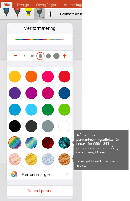 Pennanteckningsfärger och effekter för ritning med pennanteckningar i Office på iOS