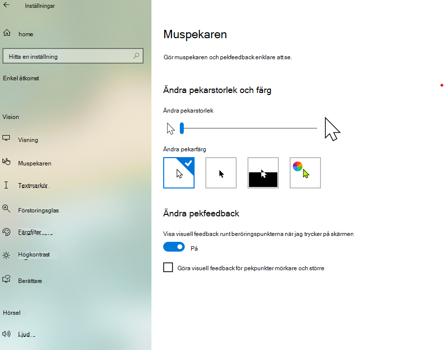 Ändra pekarens storlek och färg i appen Windows 10 Inställningar