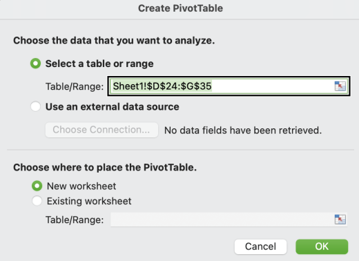 Dialogrutan Skapa en pivottabell i Mac.