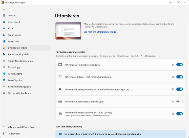 Fönster som visar inställningarna i Power Toys.