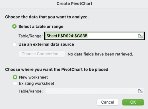 Dialogrutan Skapa pivotdiagram i Mac.