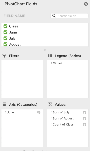 Fönstret Pivotdiagramfält i Mac.
