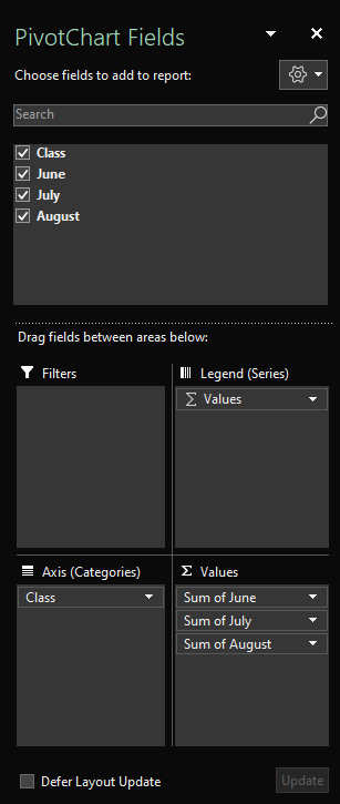 Fönstret Pivotdiagramfält i Excel för Windows med markerade tabellfält.