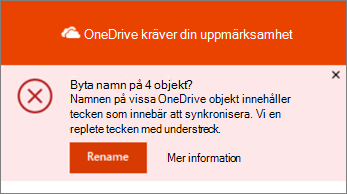 Skärmbild av meddelandet Byt namn i onedrive-synkroniseringsappen