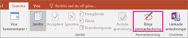 Visar knappen Börja pennanteckning på fliken Granska i Office