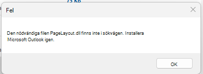 Skärmbild av felmeddelandet "Det går inte att hitta den nödvändiga filen PageLayout.dll"