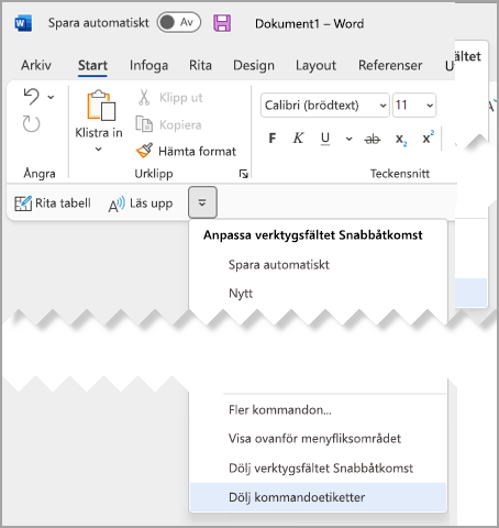 Listrutan Verktygsfältet Snabbåtkomst väljer Dölj kommandoetiketter