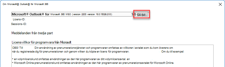 Fönster som visar information om Microsoft Outlook.