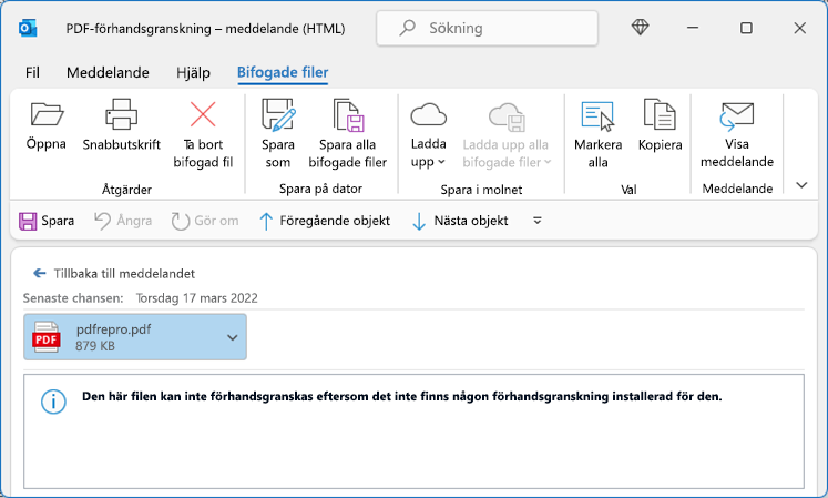 Fel i PDF när du försöker visa från Outlook