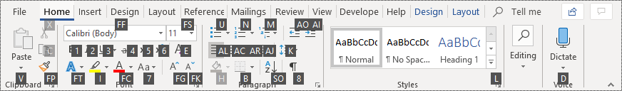 เคล็ดลับแป้นพิมพ์ใน Ribbon ใน Word 365