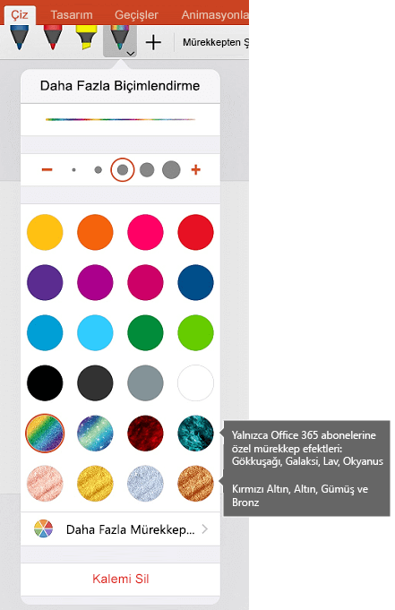iOS üzerinde Office'te mürekkeple çizim için mürekkep renkleri ve efektleri